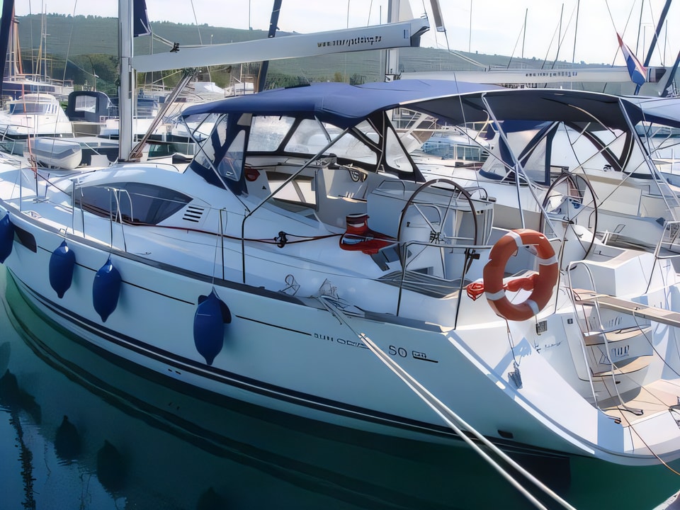 Exterior overview of Sun Odyssey 50DS sail boat for charter from Sukosan Marina Dalmacija in the Zadar sailing area Croatia