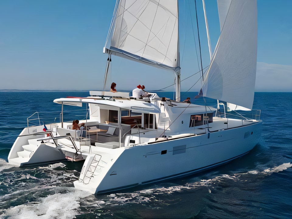 Exterior overview of Lagoon 450 catamaran for charter from SCT Marina Trogir in the Split sailing area Croatia