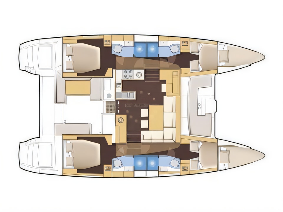 Layout of Lagoon 450 catamaran with 6 cabins Croatia yacht charter