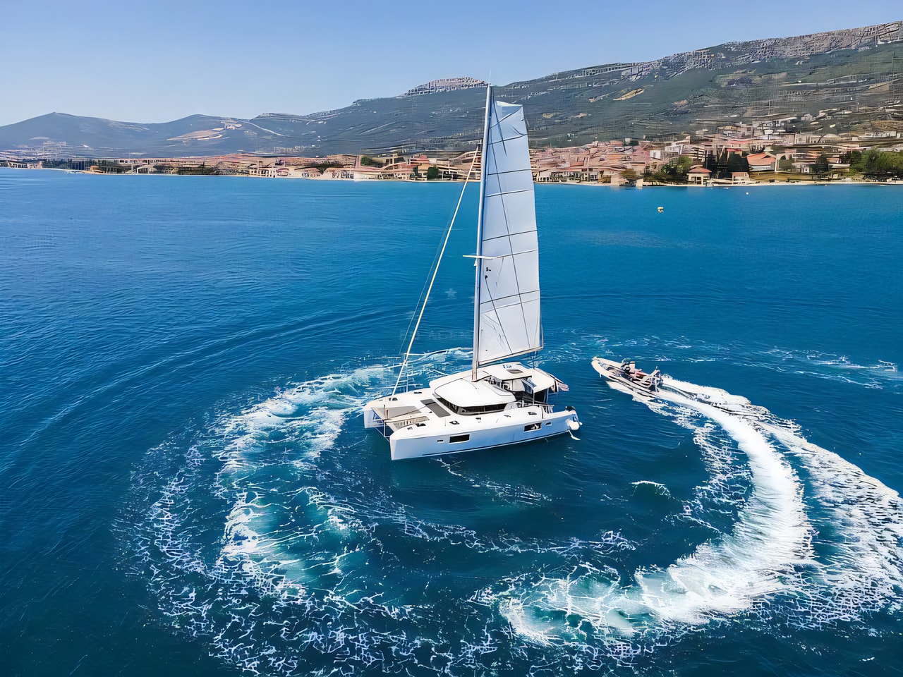 Exterior overview of Lagoon 42 Owner version catamaran for charter from Kastela Gomilica Marina in the Split sailing area Croatia