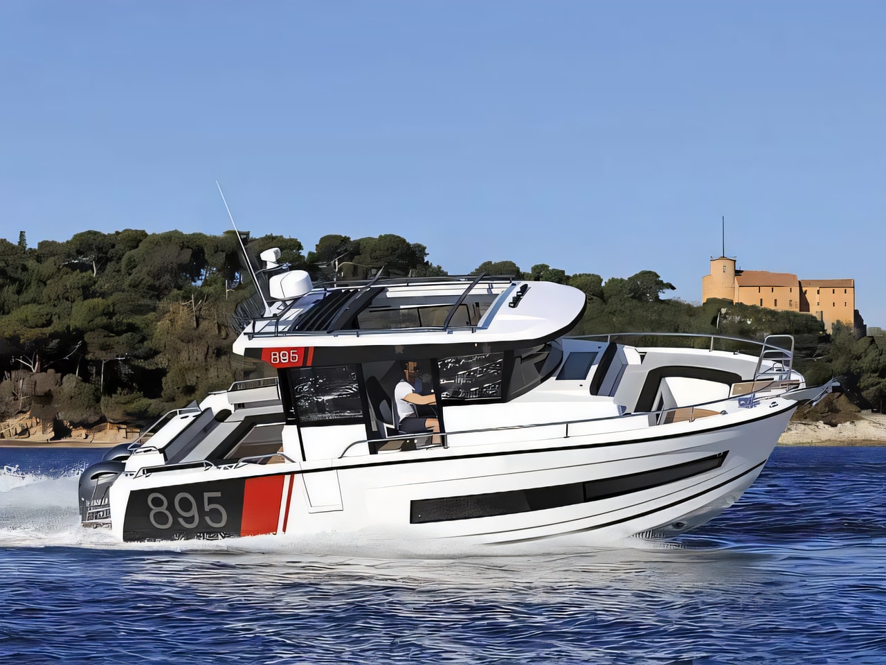 Exterior overview of Merry Fisher 895 motor boat for charter from Primosten Marina Kremik in the Sibenik sailing area Croatia