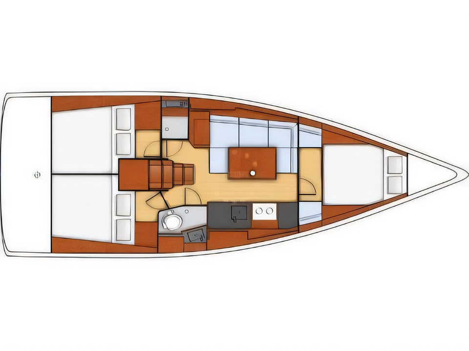 Layout of Beneteau Oceanis 38 sail boat with 3 cabins Croatia yacht charter