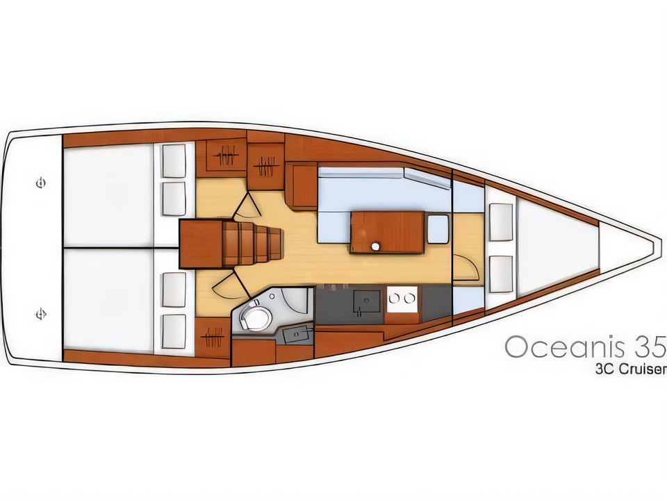 Layout of Beneteau Oceanis 35 sail boat with 3 cabins Croatia yacht charter