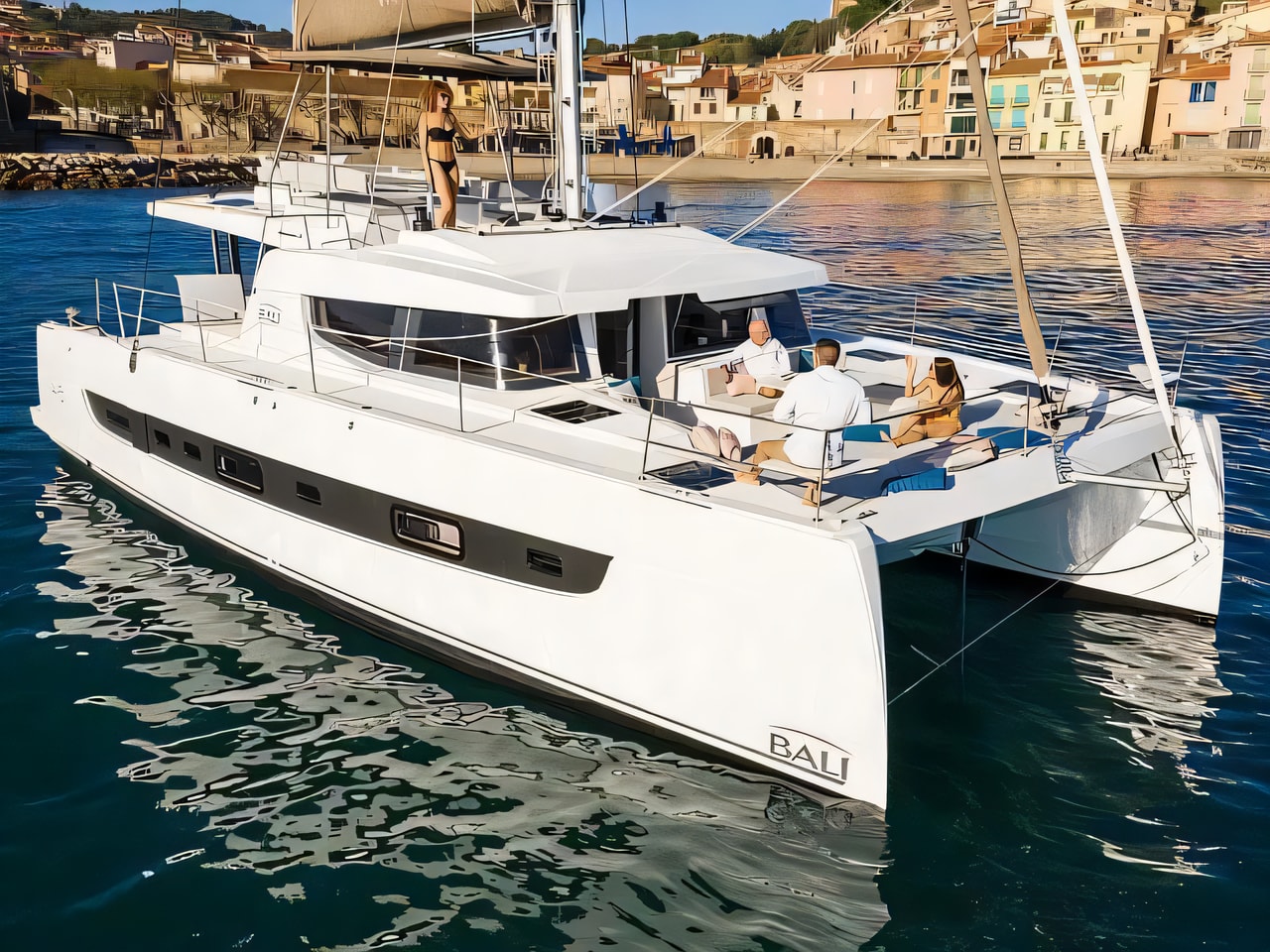 Exterior overview of Bali 4.6 catamaran for charter from Kastela Gomilica Marina in the Split sailing area Croatia