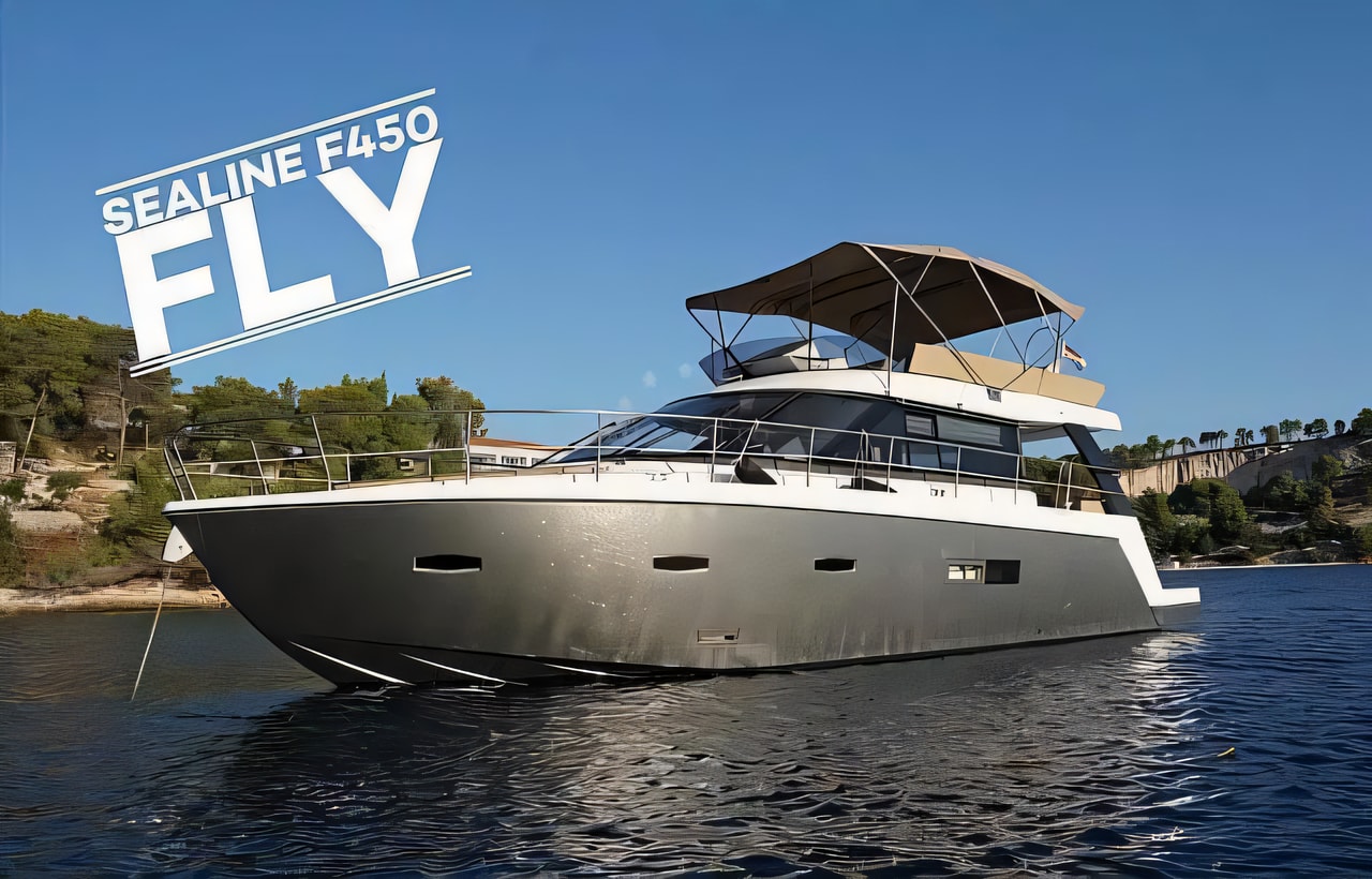 Exterior overview of Sealine F450 motor boat for charter from Pula Marina Polesana in the Istria / Kvarner sailing area Croatia