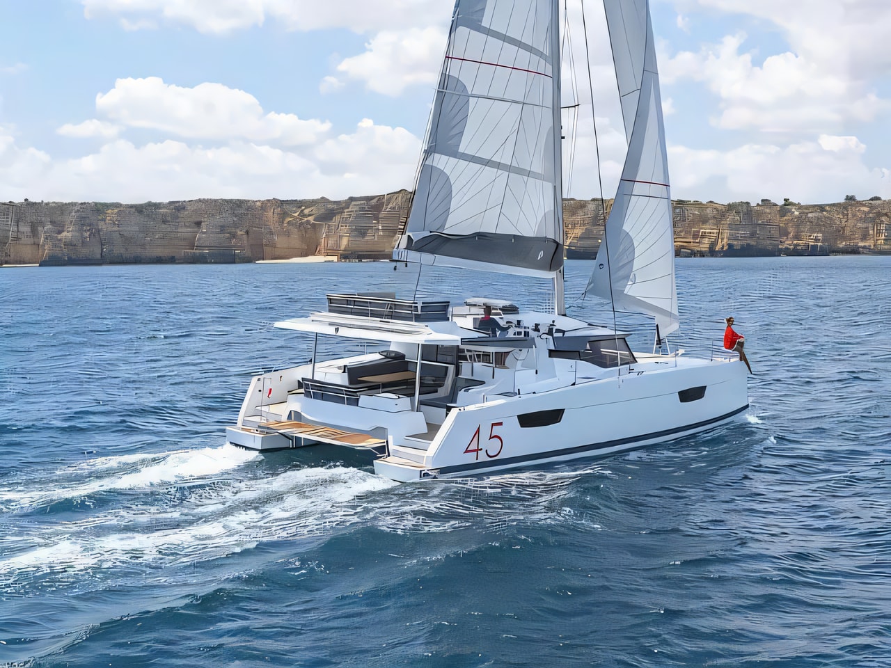 Exterior overview of Elba 45 catamaran for charter from Sukosan Marina Dalmacija in the Zadar sailing area Croatia