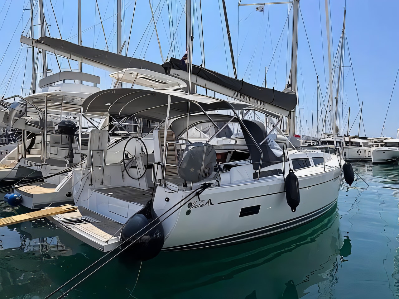 Exterior overview of Hanse 388 sail boat for charter from Seget Donji Marina Baotic in the Split sailing area Croatia
