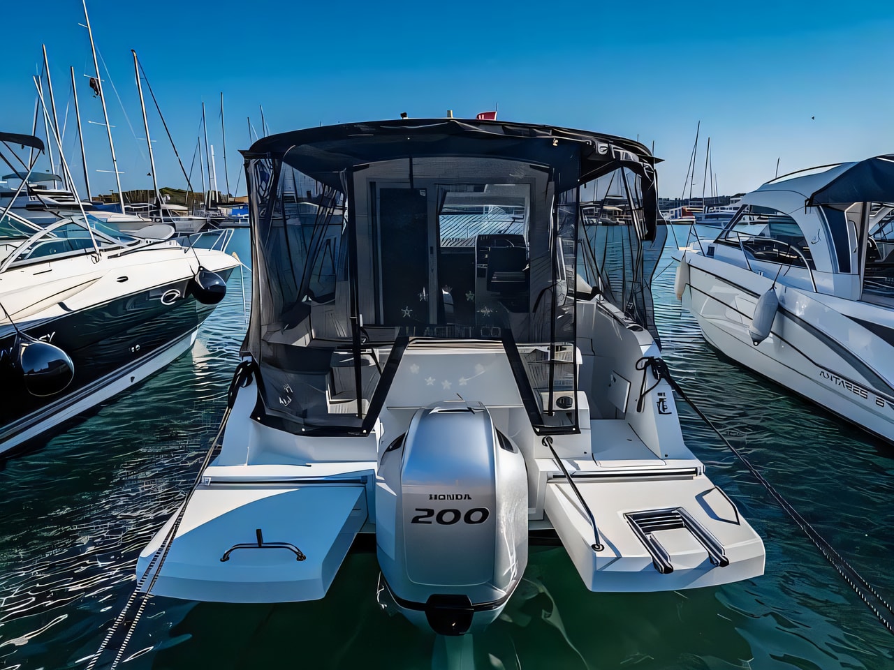 Exterior overview of Antares 8 motor boat for charter from Pula Marina Polesana in the Istria / Kvarner sailing area Croatia