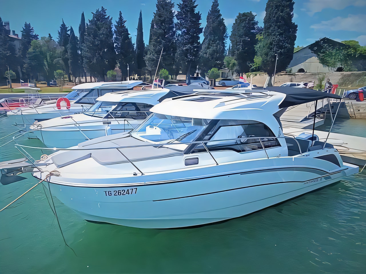 Exterior overview of Antares 8 motor boat for charter from Pula Marina Polesana in the Istria / Kvarner sailing area Croatia