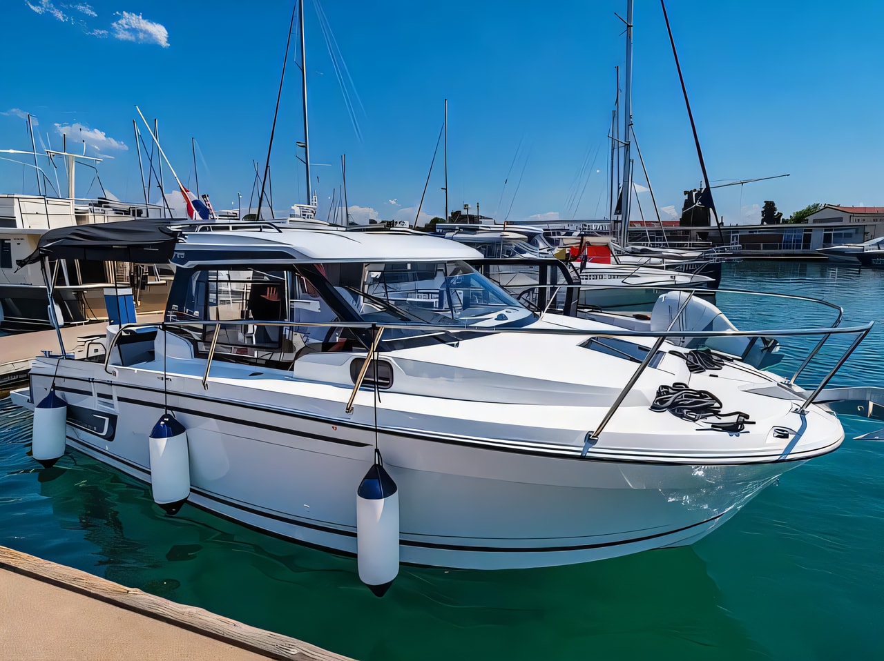 Exterior overview of Merry Fisher 795 motor boat for charter from Zadar Marina Borik in the Zadar sailing area Croatia