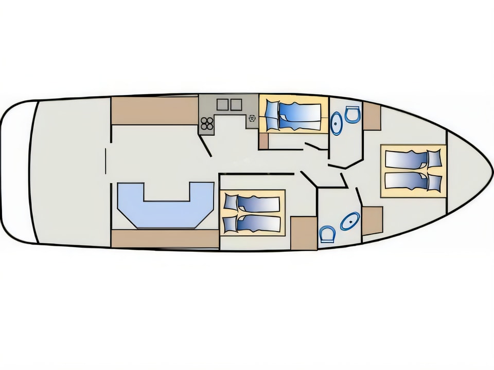 Layout of Princess 470 motoryacht with 3 cabins Croatia yacht charter
