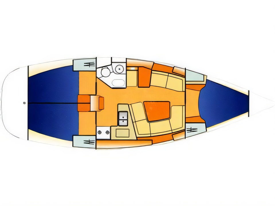 Layout of Sun Odyssey 37 sail boat with 3 cabins Croatia yacht charter