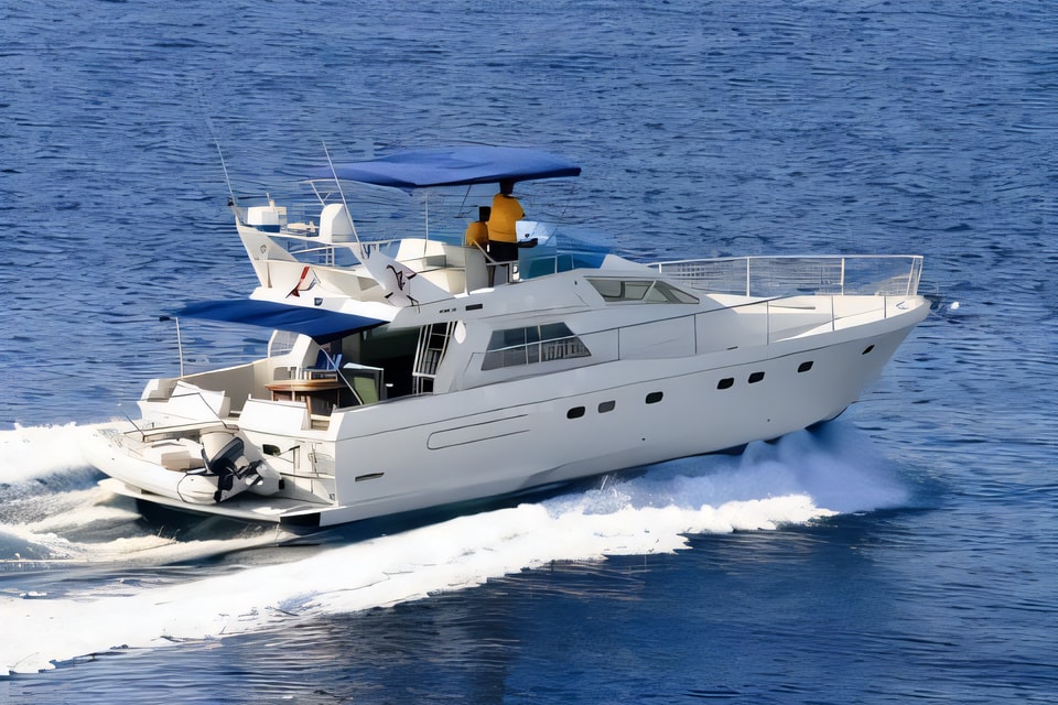 Exterior overview of Ferretti 52-7 motoryacht for charter from Primosten Marina Kremik in the Sibenik sailing area Croatia