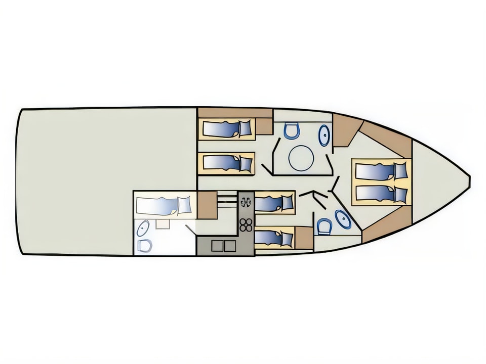 Layout of Ferretti 52-7 motoryacht with 4 cabins Croatia yacht charter