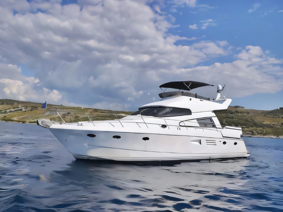 Exterior overview of Johnson 56 motoryacht for charter from Primosten Marina Kremik in the Sibenik sailing area Croatia
