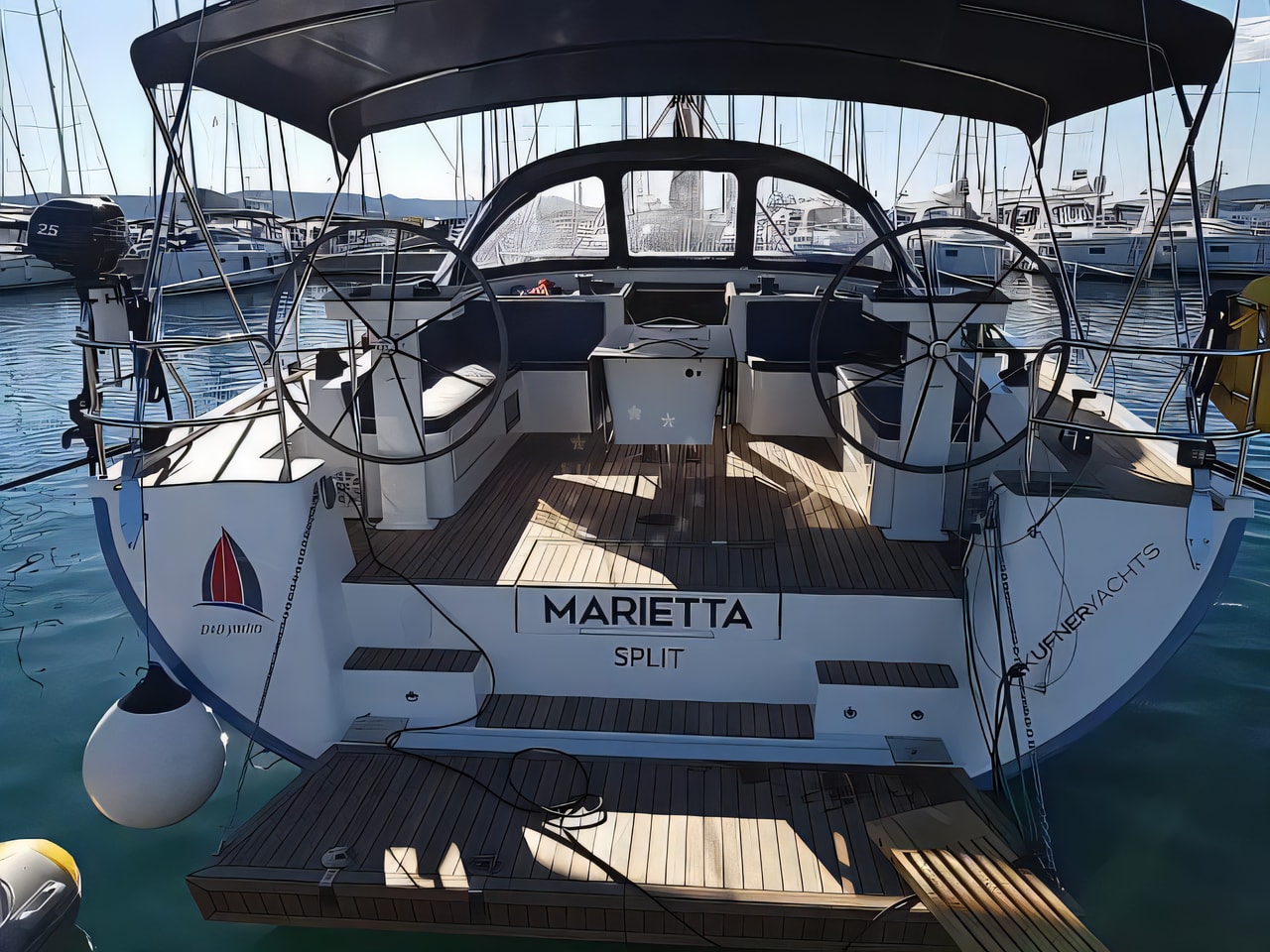 Exterior overview of D&D Kufner 54 (AC+Gen+Solar) sail boat for charter from Krk Marina Punat in the Istria / Kvarner sailing area Croatia