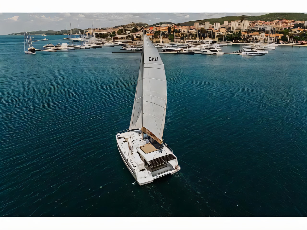 Exterior overview of Bali Catspace catamaran for charter from Sibenik Marina Mandalina in the Sibenik sailing area Croatia
