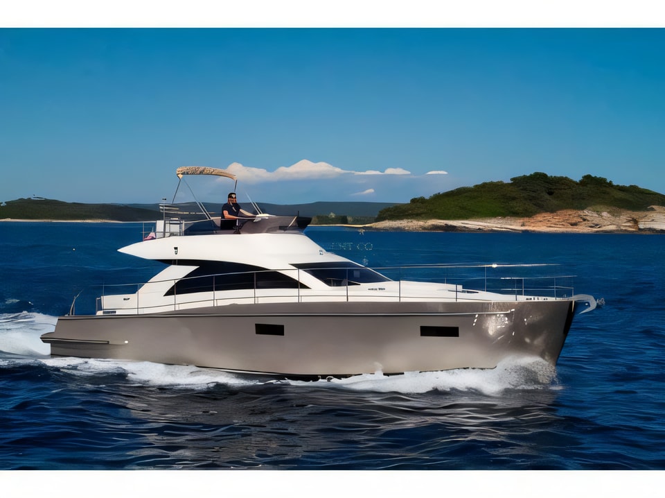 Exterior overview of Cyrus 13.8 flybridge motor boat for charter from Adriatic Croatia