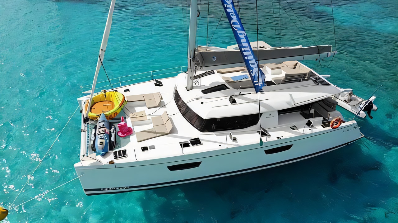Exterior overview of Saba 50 catamaran for charter from SCT Marina Trogir in the Split sailing area Croatia