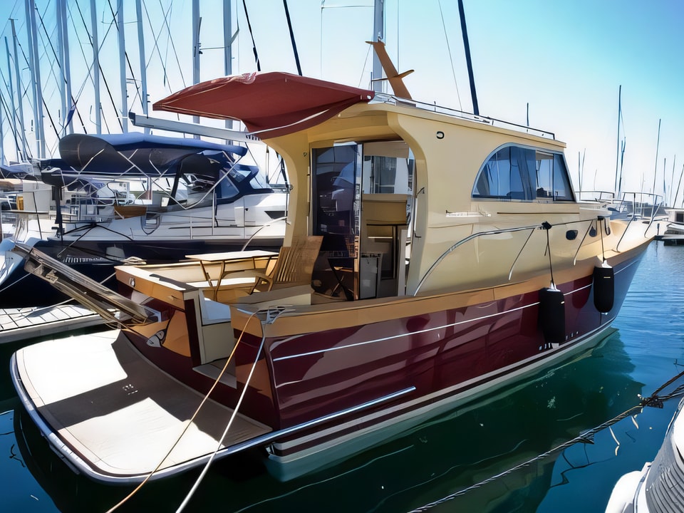 Exterior overview of Marco Polo 12 motor boat for charter from Sibenik Marina Mandalina in the Sibenik sailing area Croatia