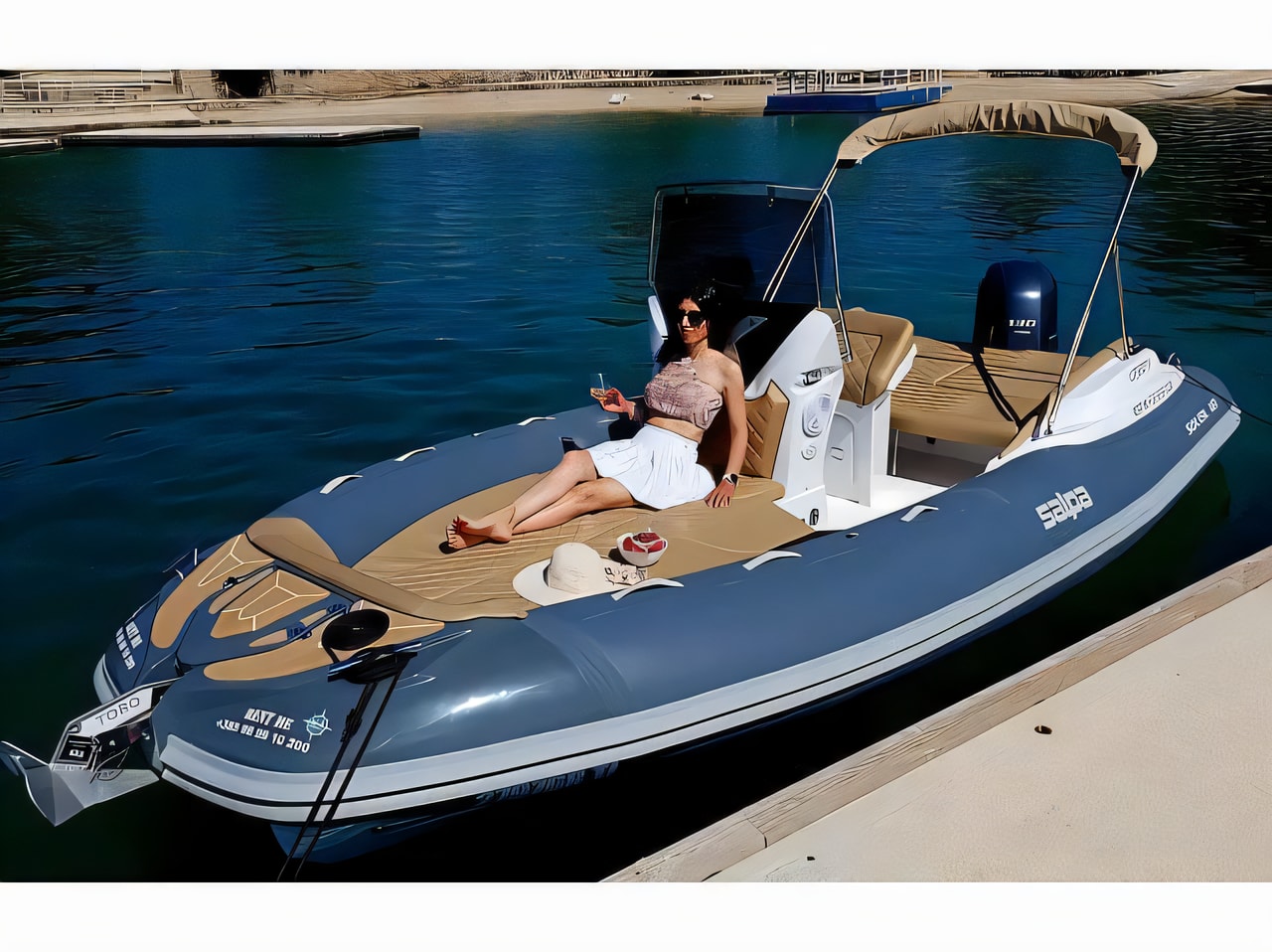 Exterior overview of Salpa Soleil 18 rubber boat for charter from Murter ACI Marina Jezera in the Kornati sailing area Croatia