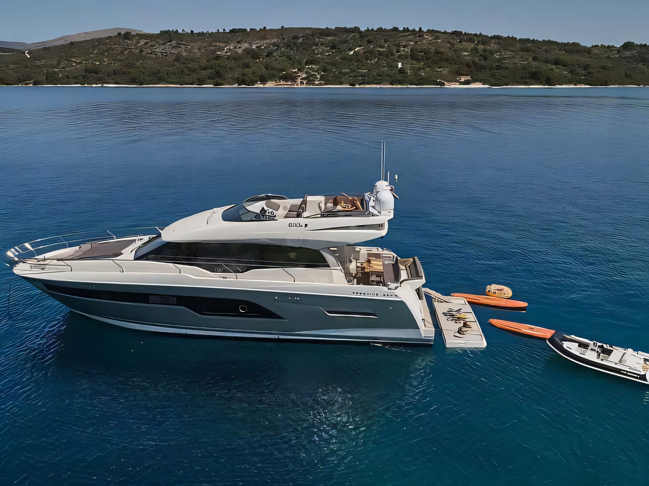 Exterior overview of Prestige 630S motoryacht for charter from SCT Marina Trogir in the Split sailing area Croatia