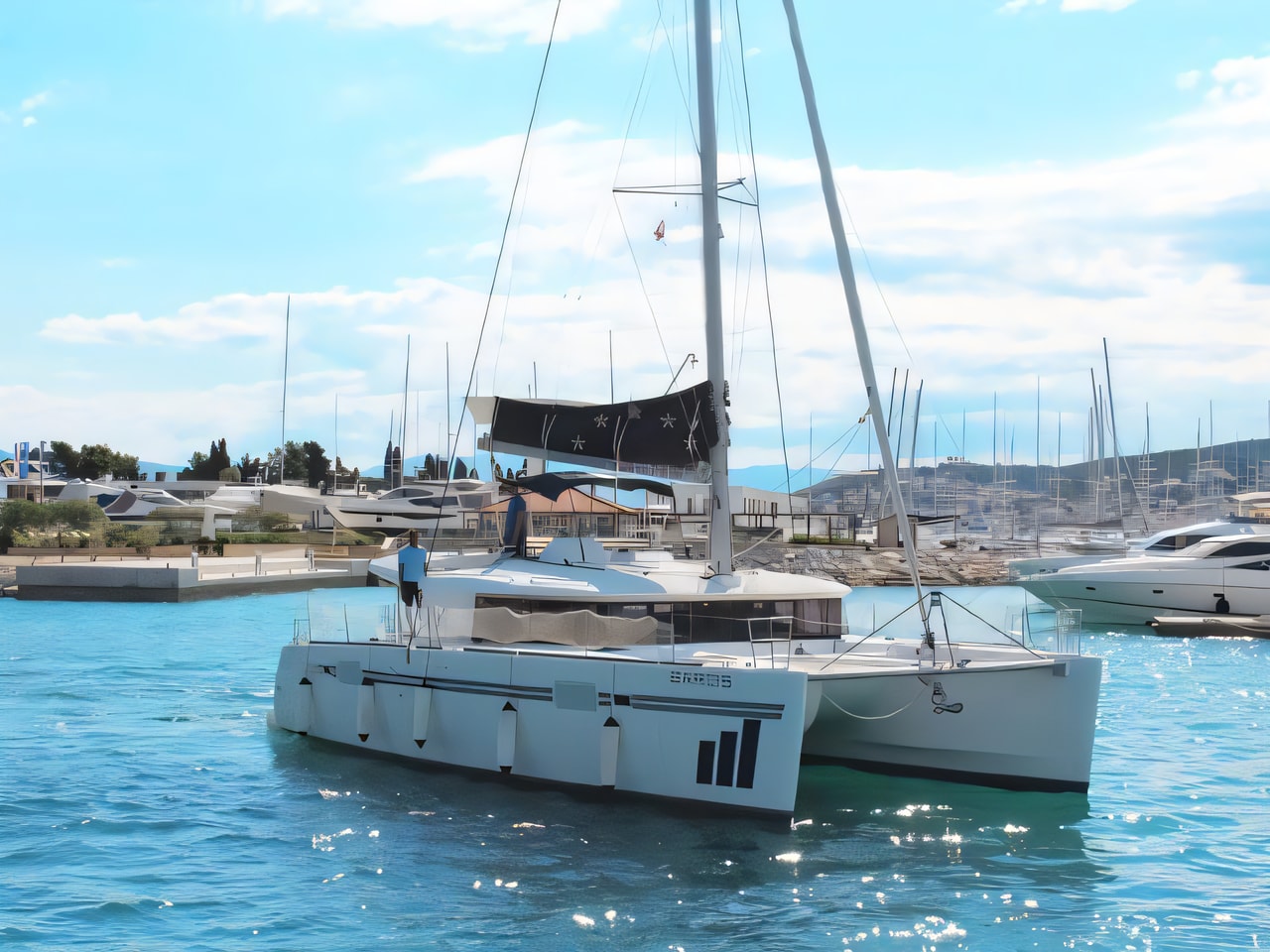 Exterior overview of Lagoon 450 Fly catamaran for charter from Seget Donji Marina Baotic in the Split sailing area Croatia