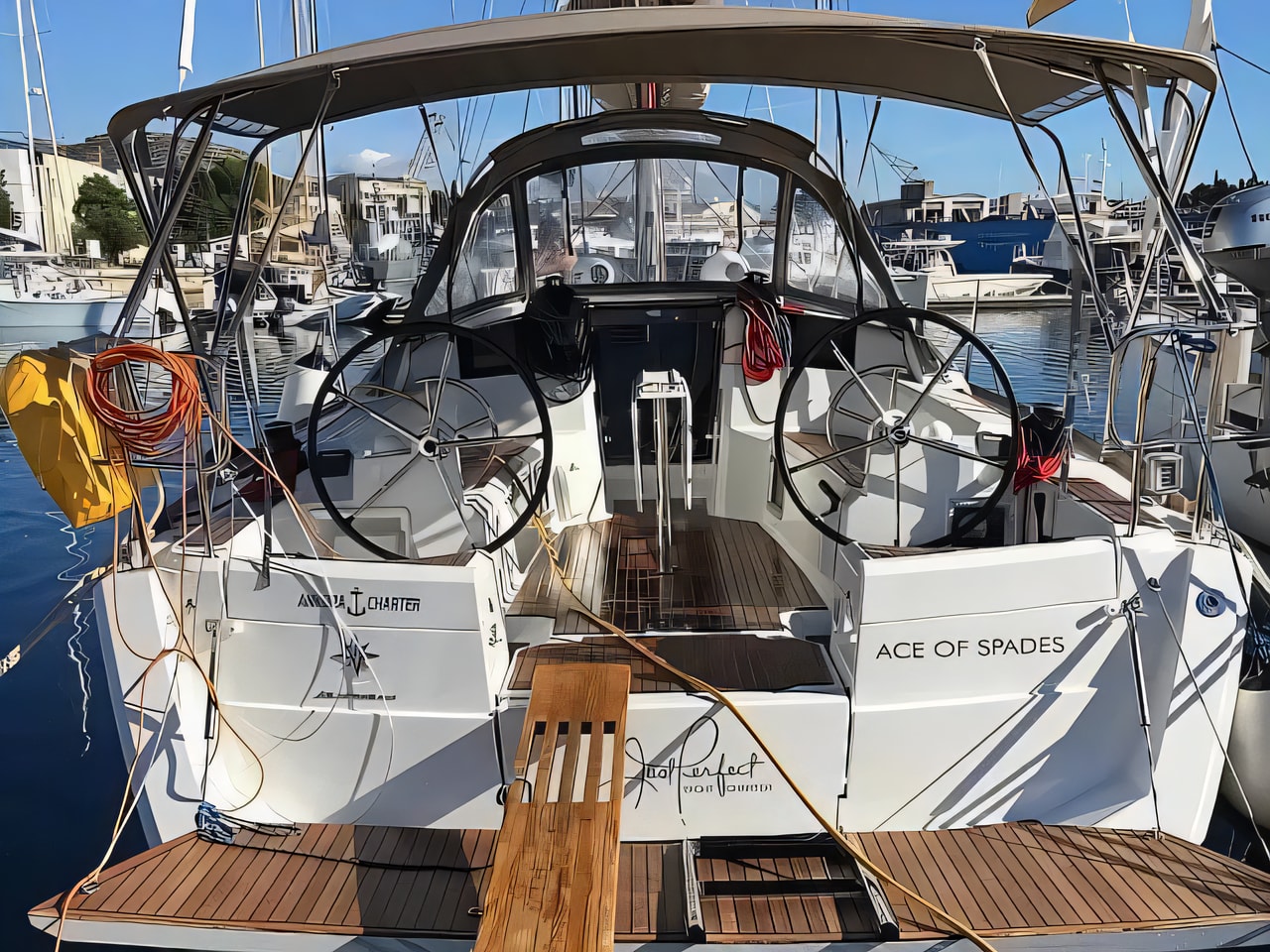 Exterior overview of Sun Odyssey 389 sail boat for charter from Rogoznica Marina Frapa in the Sibenik sailing area Croatia