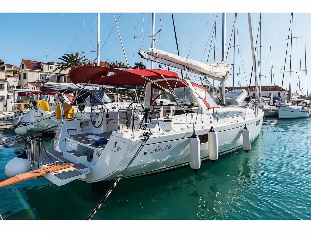 Exterior overview of Oceanis 48 sail boat for charter from Trogir ACI Marina in the Split sailing area Croatia