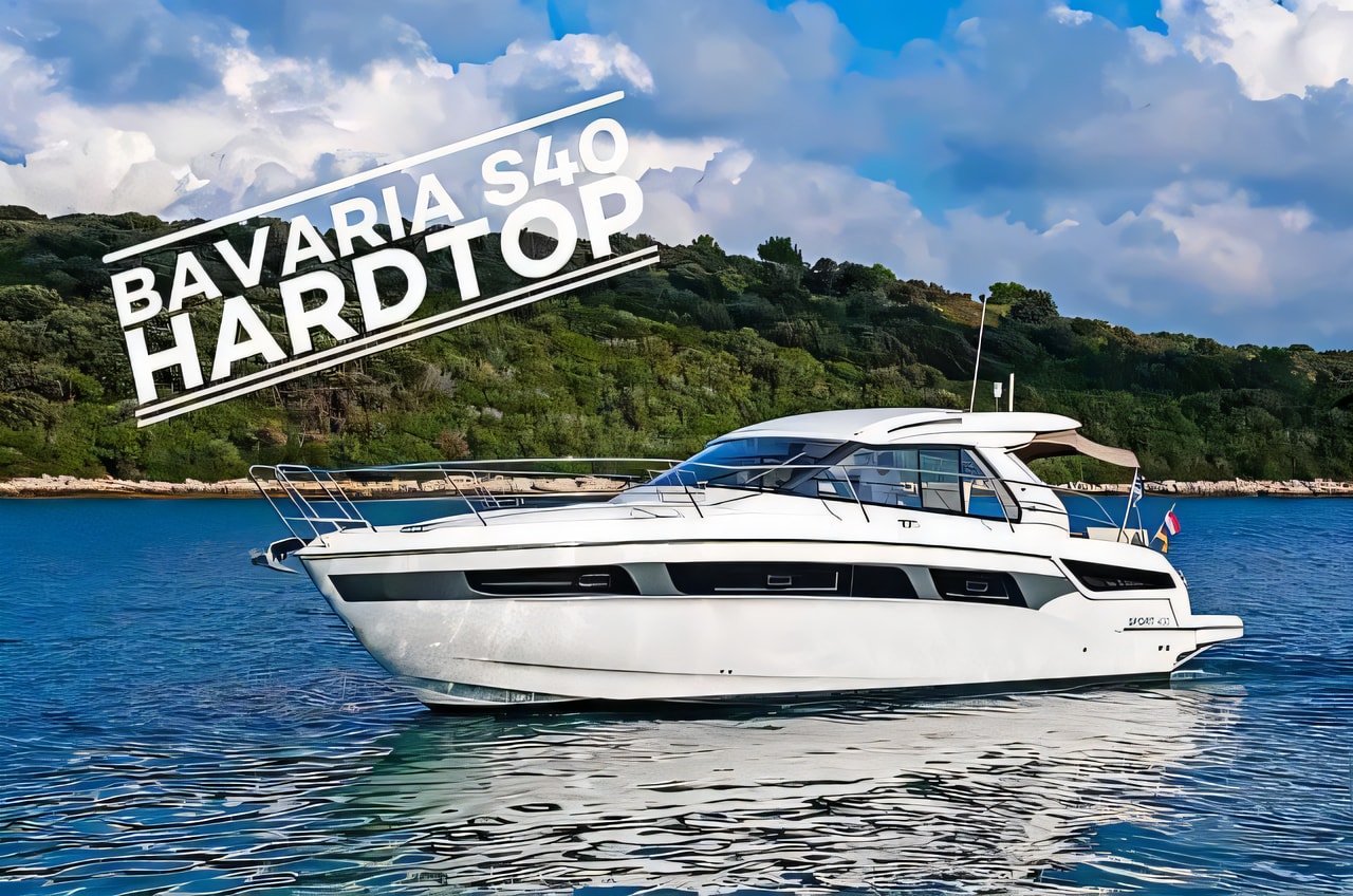 Exterior overview of Bavaria S40 HT motor boat for charter from Pula Marina Polesana in the Istria / Kvarner sailing area Croatia