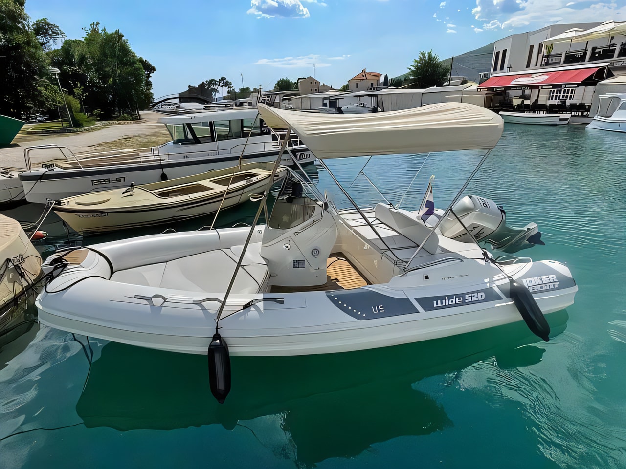 Exterior overview of Jokerboat Wide 520 motor boat for charter from Trogir ACI Marina in the Split sailing area Croatia