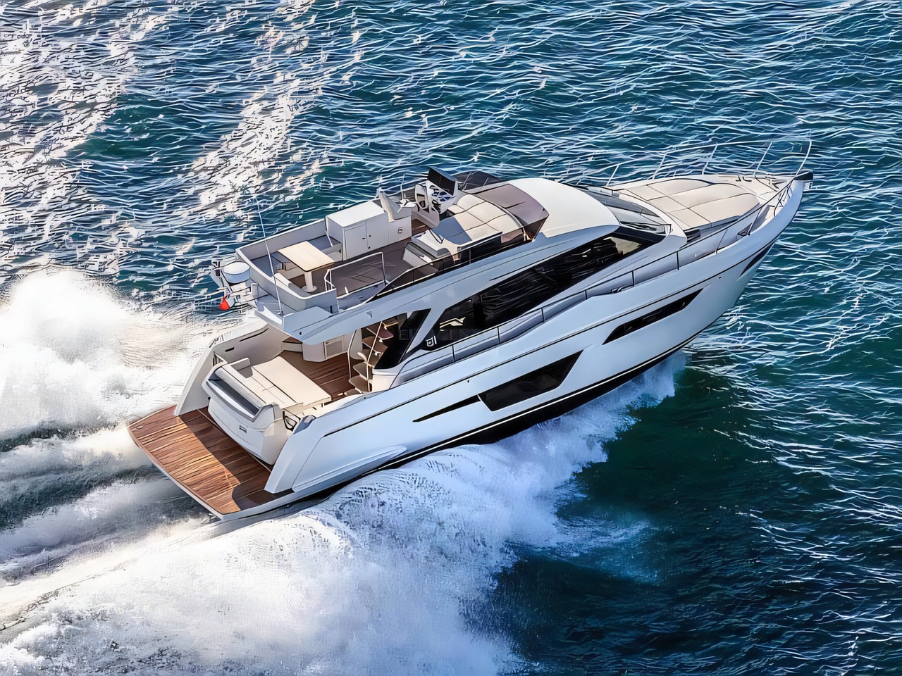 Exterior overview of Ferretti 500 motoryacht for charter from Sukosan Marina Dalmacija in the Kornati sailing area Croatia