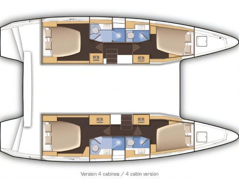 Layout of Lagoon 42 catamaran with 4 cabins Croatia yacht charter