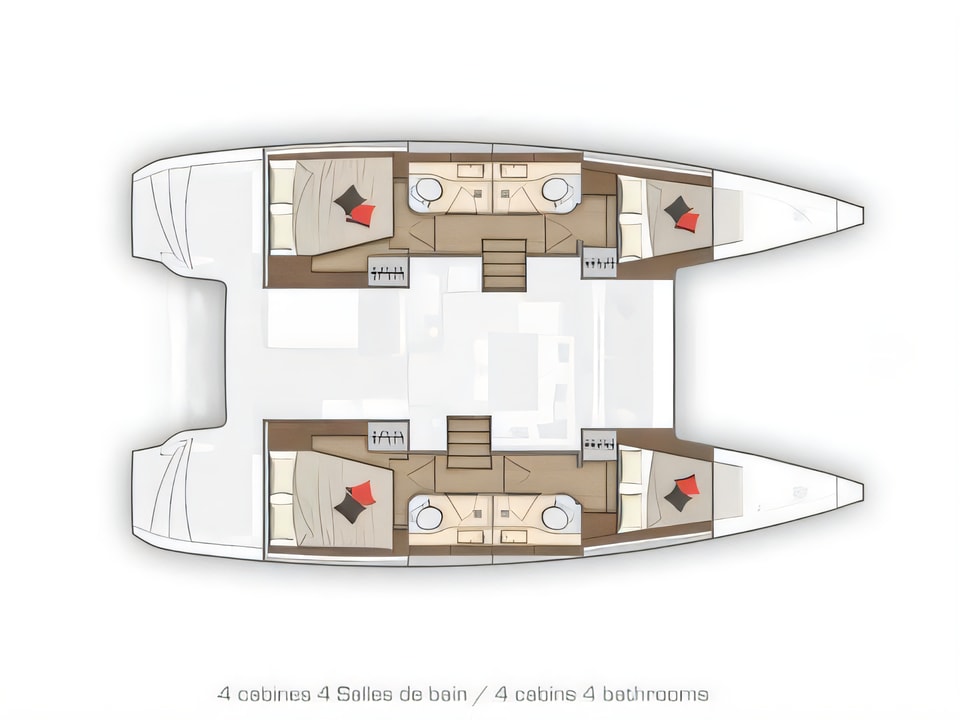 Layout of Lagoon 40 catamaran with 4 cabins Croatia yacht charter