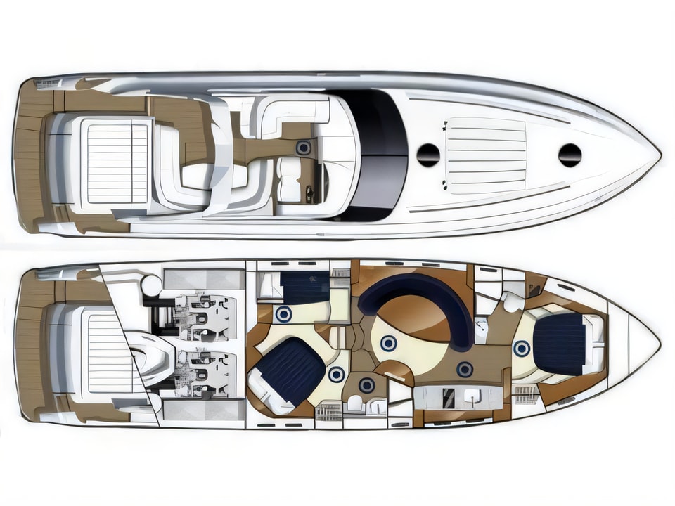Layout of Princess V 58 motor boat with 3 cabins Croatia yacht charter