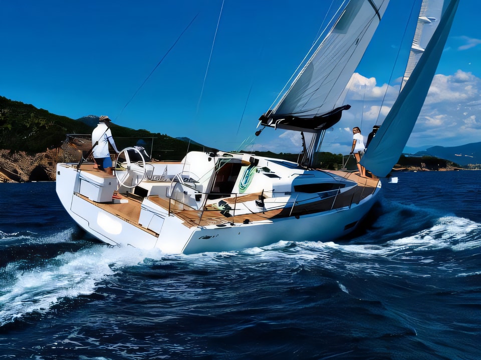 Exterior overview of Elan E5 sail boat for charter from Primosten Marina Kremik in the Sibenik sailing area Croatia