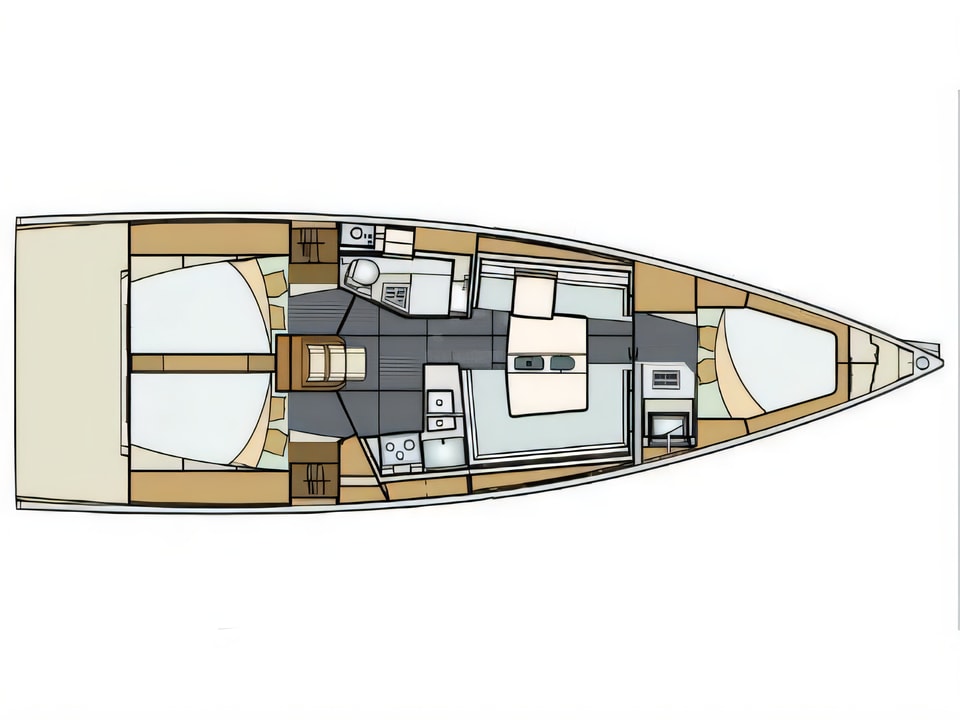 Layout of Elan E5 sail boat with 3 cabins Croatia yacht charter