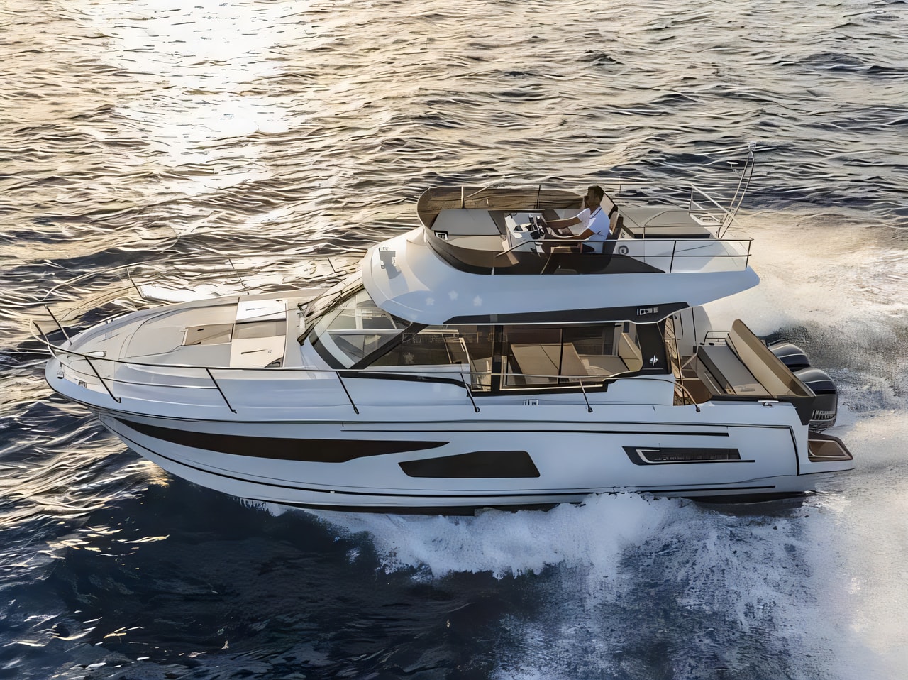 Exterior overview of Merry Fisher 1095 FLY motor boat for charter from Krk Marina Punat in the Istria / Kvarner sailing area Croatia