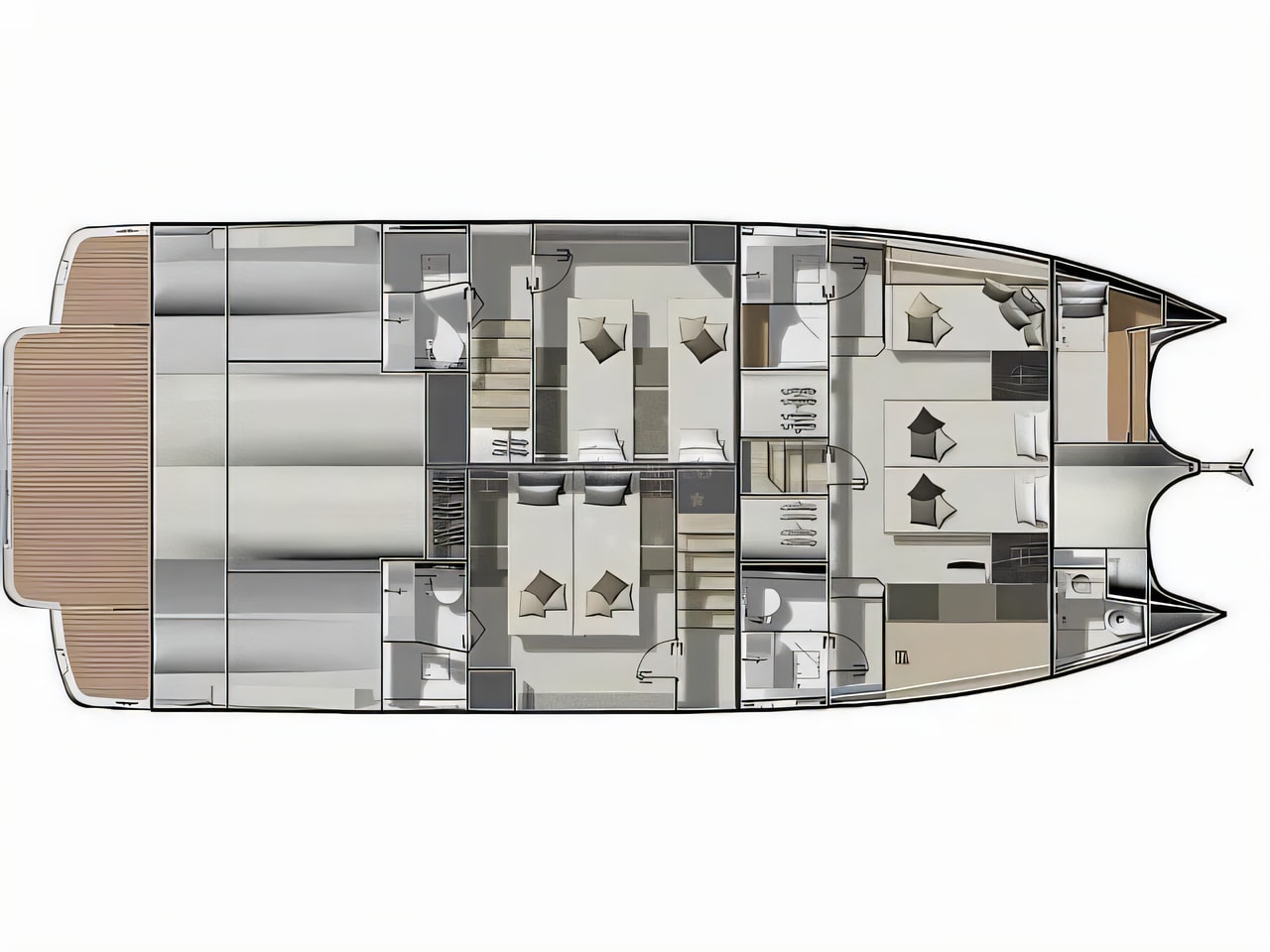 Layout of Prestige M48 power catamaran with 4 cabins Croatia yacht charter