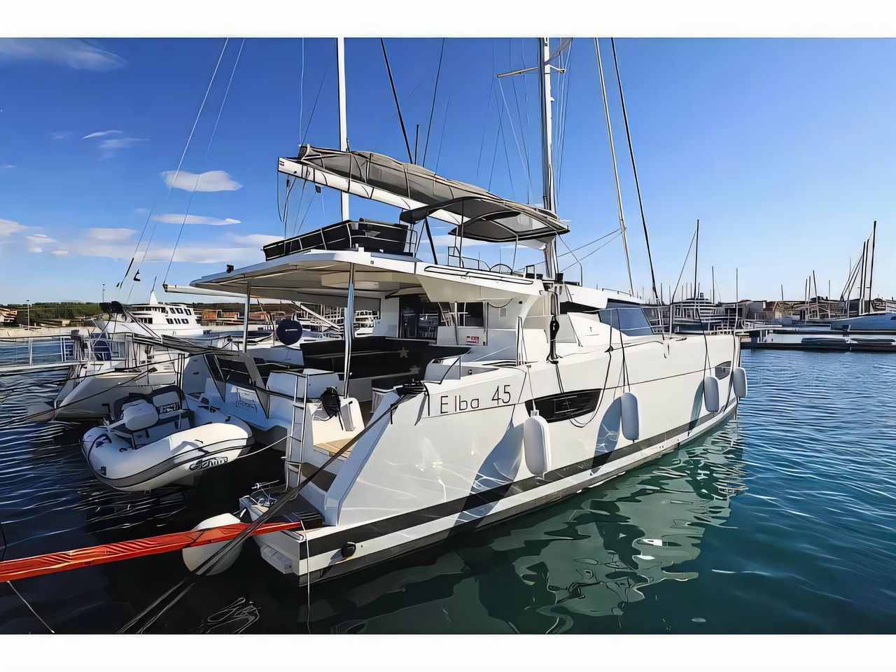 Exterior overview of Elba 45 Owner Version catamaran for charter from Seget Donji Marina Baotic in the Split sailing area Croatia