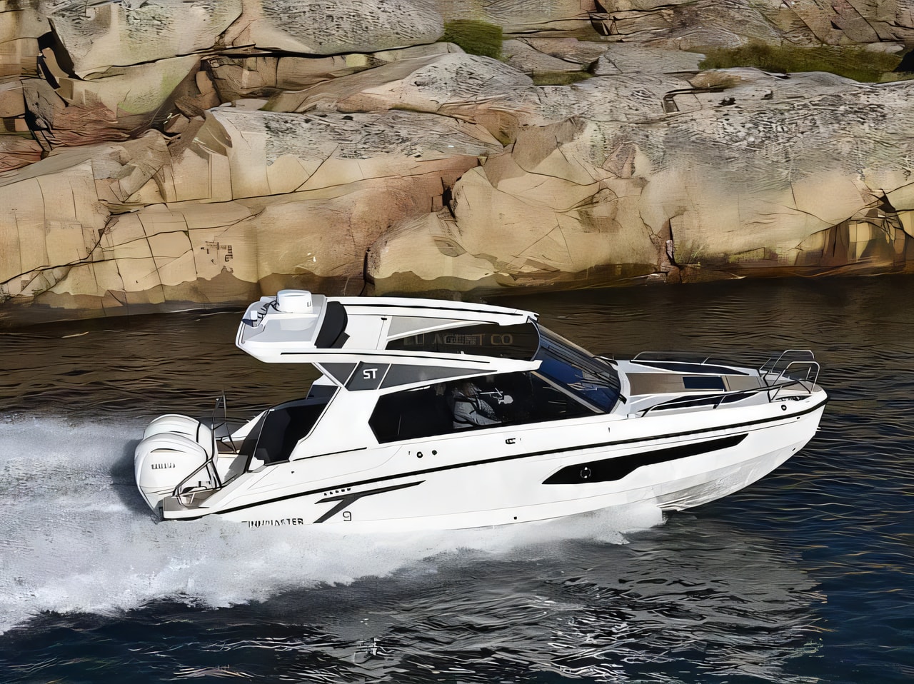 Exterior overview of Finnmaster T9 ST motor boat for charter from SCT Marina Trogir in the Split sailing area Croatia