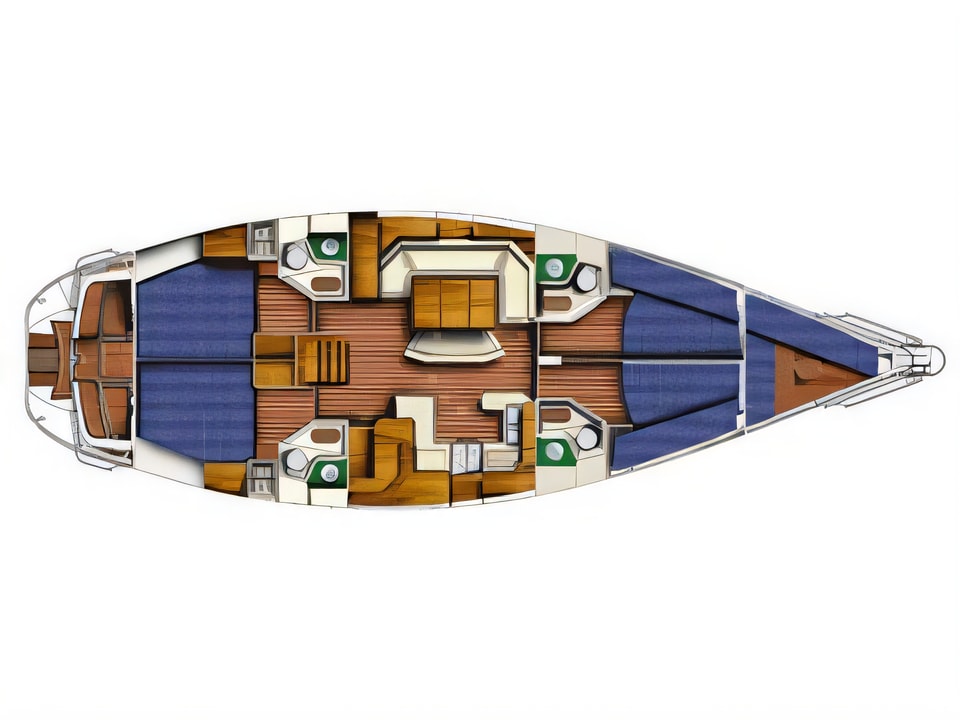 Layout of Sun Odyssey 52.2 sail boat with 5 cabins Croatia yacht charter