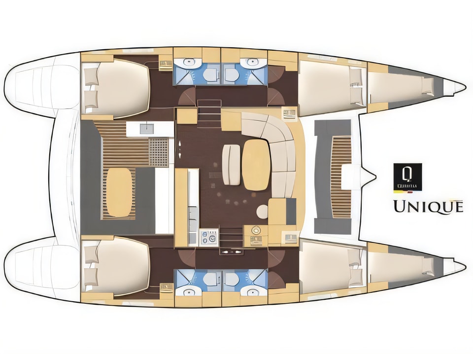 Layout of Lagoon 440-09 catamaran with 6 cabins Croatia yacht charter
