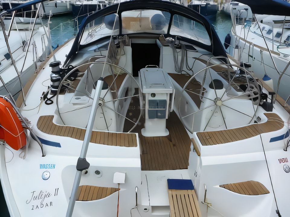 Exterior overview of Bavaria 49 sail boat for charter from Sukosan Marina Dalmacija in the Zadar sailing area Croatia