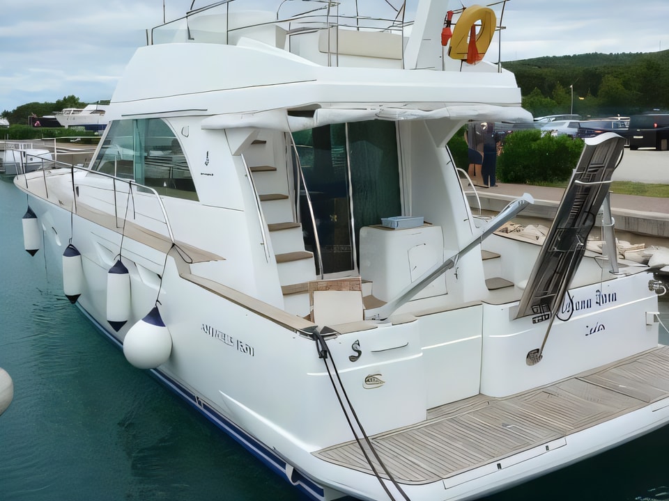 Exterior overview of Antares 13.80 motoryacht for charter from Sukosan Marina Dalmacija in the Zadar sailing area Croatia