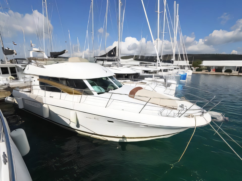 Exterior overview of Jeanneau Prestige 46 Fly motoryacht for charter from Sukosan Marina Dalmacija in the Zadar sailing area Croatia
