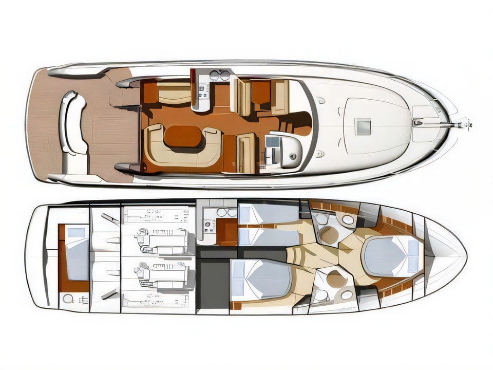 Layout of Jeanneau Prestige 46 Fly motoryacht with 4 cabins Croatia yacht charter