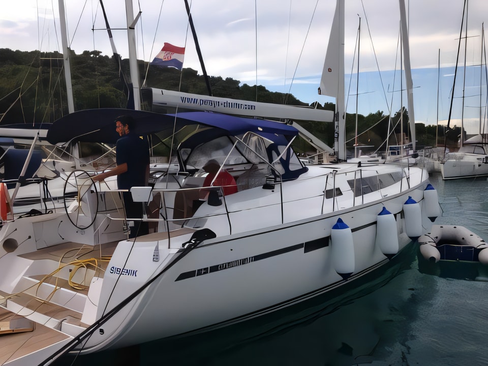 Exterior overview of Bavaria Cruiser 46 sail boat for charter from Rogoznica Marina Frapa in the Sibenik sailing area Croatia