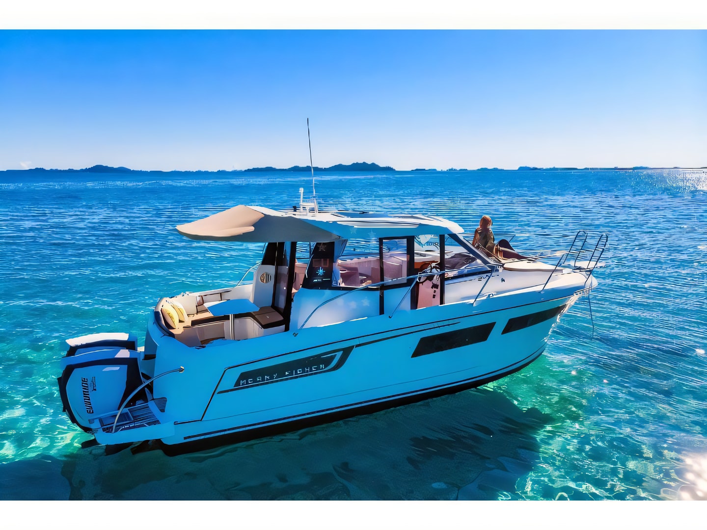 Exterior overview of Merry Fisher 855 motor boat for charter from Biograd Kornati in the Zadar sailing area Croatia