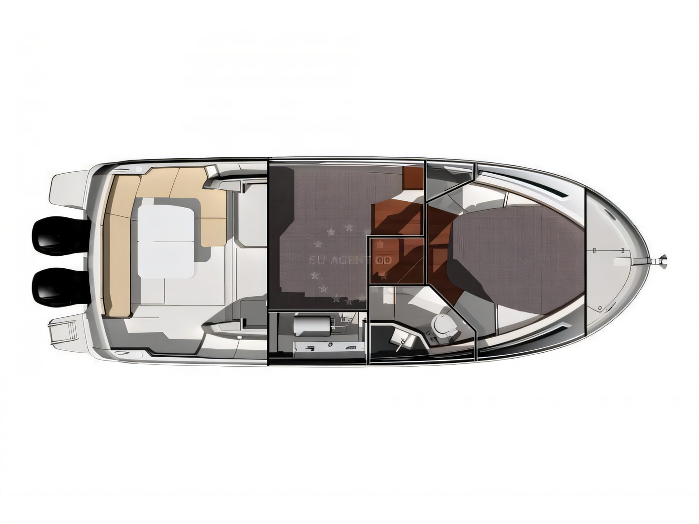 Layout of Merry Fisher 855 motor boat with 2 cabins Croatia yacht charter